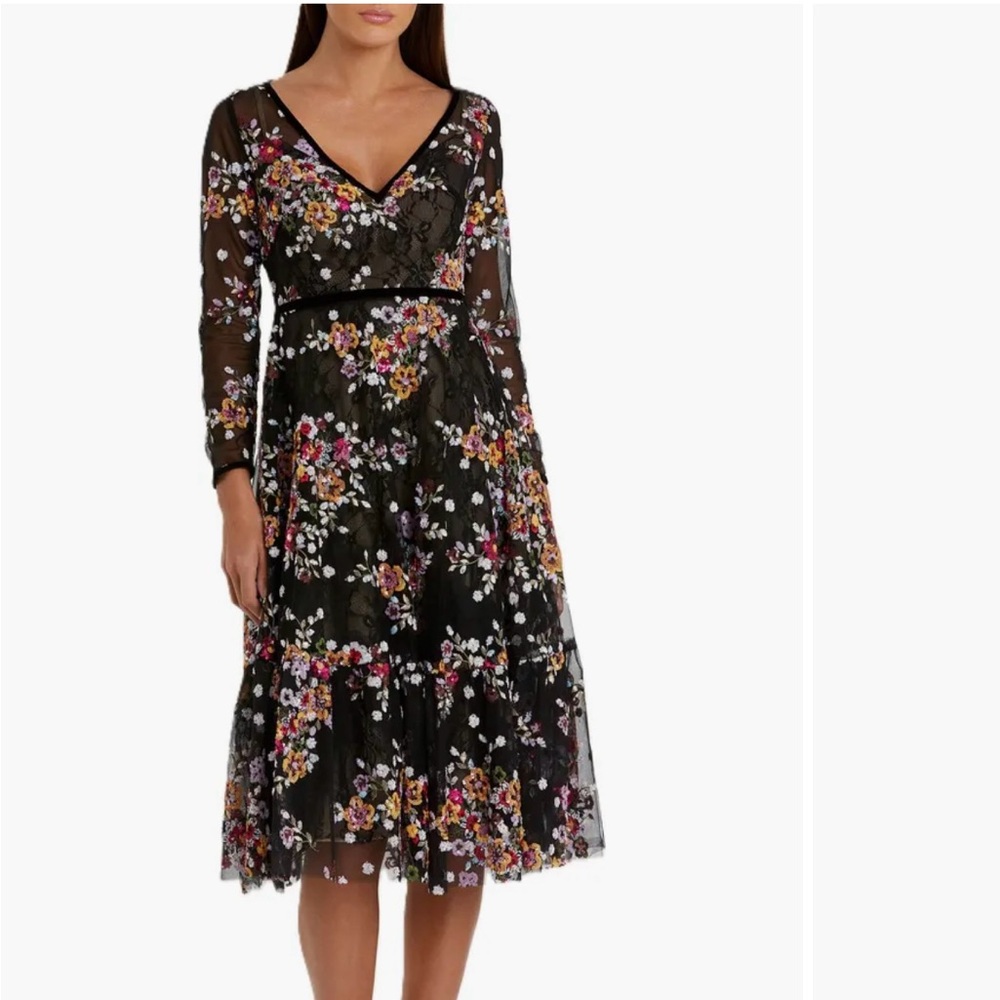Black Floral Embroidered Sequin Tea Length Dress